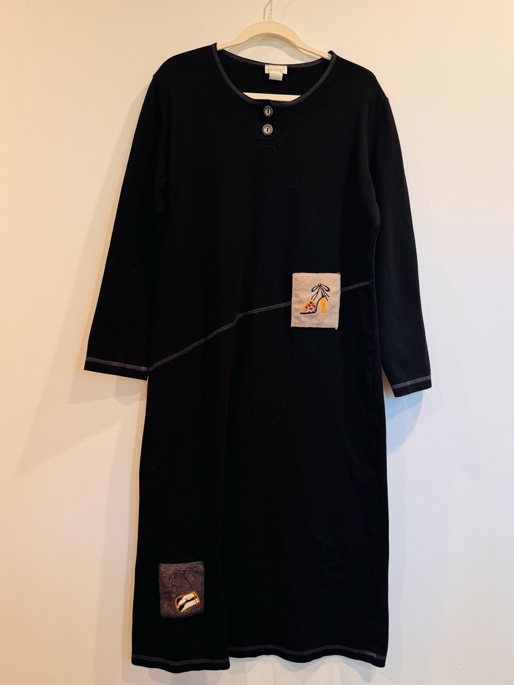 Vintage CITE 🌱 100% Cotton Black Artwear Maxi Dress USA Made XL 90s Appliqué